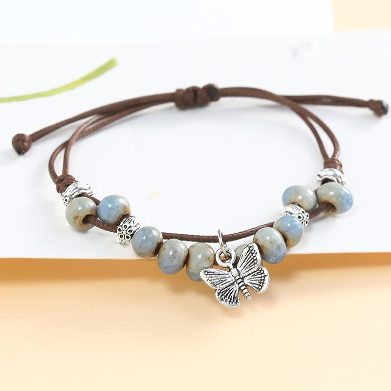 New retro literary and pastoral woven butterfly ceramic bracelet female student hand rope male