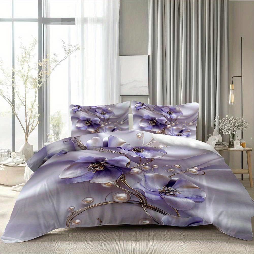 3-teiliges Hellviolettes Bettwäscheset Perlenblumen-Druck Gemütlicher Bettbezug King Queen Twin Größe Geburtstagsgeschenk für Erwachsene Schlafzimmerdeko