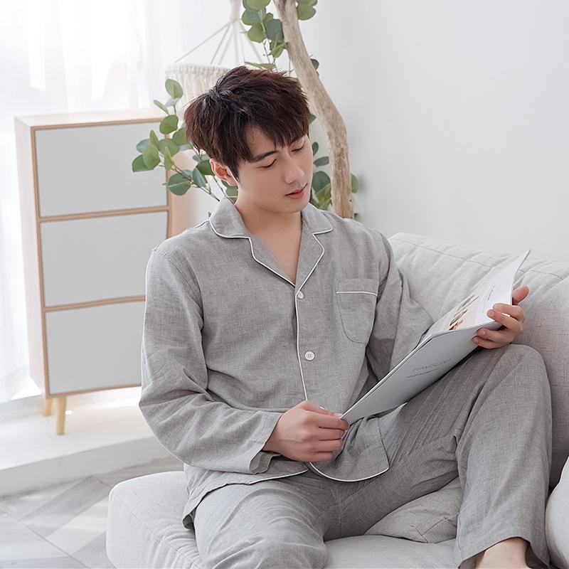 Pure Cotton Double Layer Gauze Long Sleeve Pajamas - Japanese Muji Style for Couples (Spring & Autumn)