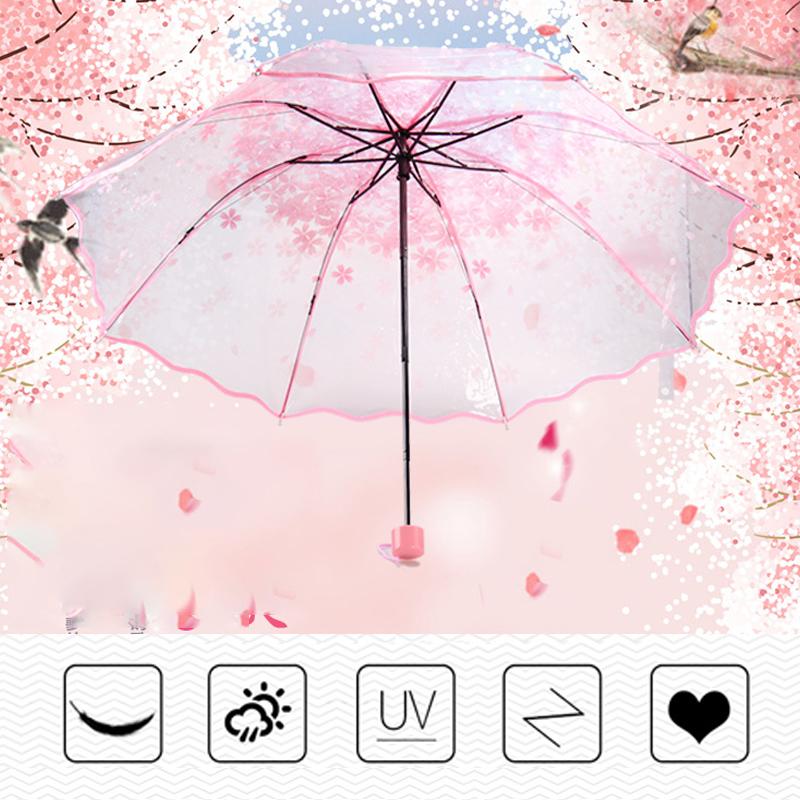 Fashion Automatic Cute Sakura Rain Umbrella Transparent Three-fold Umbrella Cherry Blossom Mushroom Sakura Umbrella Rain Gear