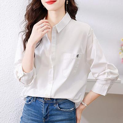 Chemise Blanche Femme Manches Longues Vêtements de Printemps Nouveau Haut Brodé Coton Chemise à Revers