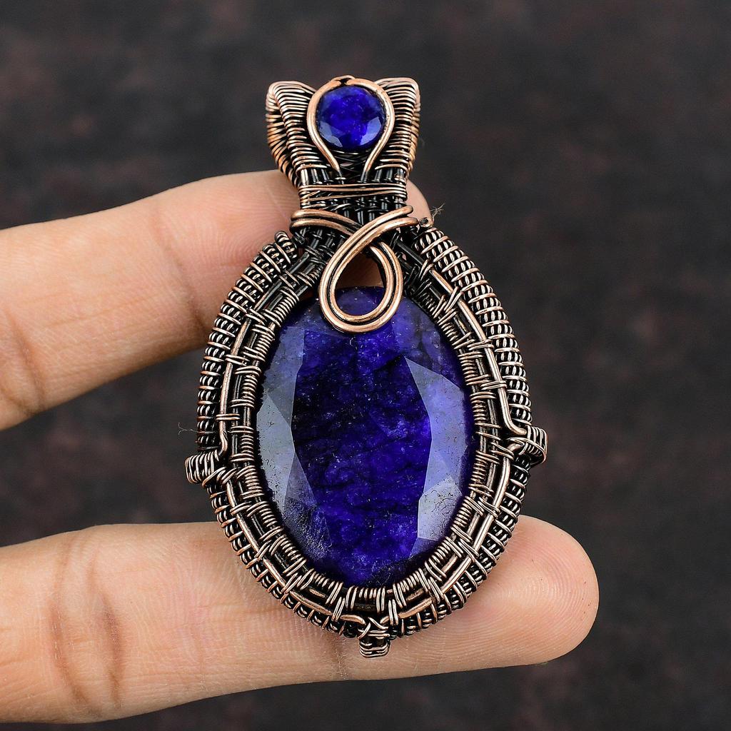 Faceted Blue Sapphire Pendant Copper Wire Wrapped Pendant Gemstone Jewelry Handmade Copper Jewelry Unique Pendant Wire Wrap Jewelry For Gift