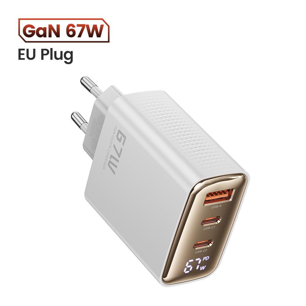 67W GaN Ladegerät 3-Port USB Typ C Schnellladeadapter Ladegerät Digitalanzeige Für iPhone Samsung Xiaomi EU US UK KR Stecker