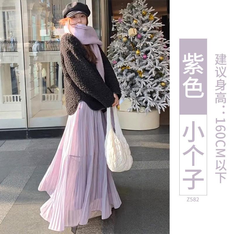 Purple skirt children's spring and autumn new high waist drape a-word skirt fluffy knitted pleated long skirt