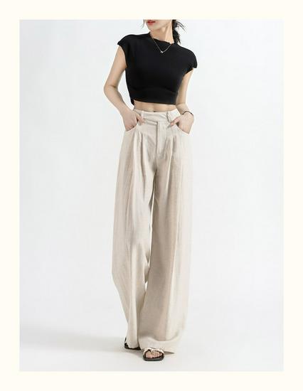 Women's High-Waisted Wide-Leg Linen Pants - Summer 2026 Collection, Loose Fit, Tencel Cotton Blend, Floor-Length