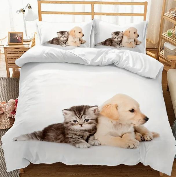 Bedding Three-Piece Set 3D Digital Printing Animal Cat And Dog Bed Sheet Quilt Cover