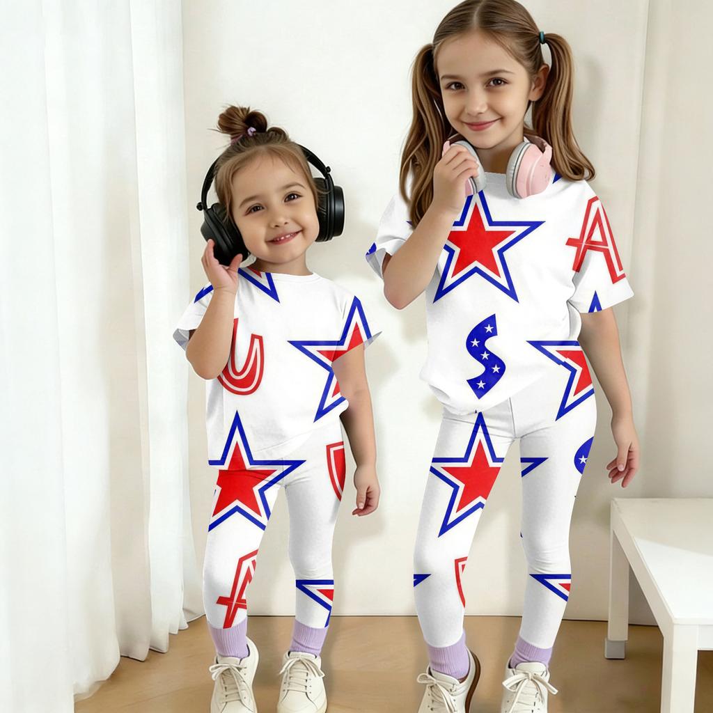 Boys And Girls Independence Day Print Set Kids Casual Short Sleeve Top And Long Pants Set