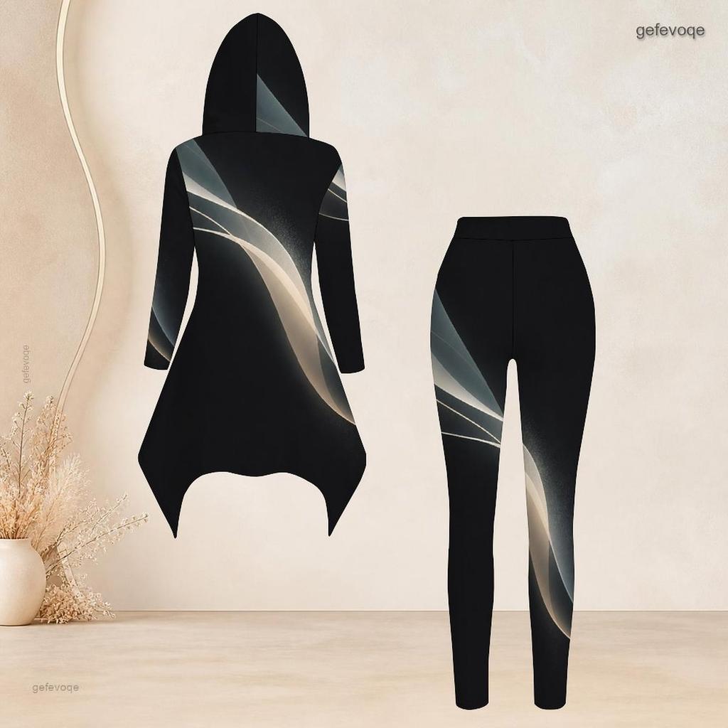 Women Plus Size Black Gold Printed Hooded Long Sleeve High Low Top And Fitted Pants Two Piece Set