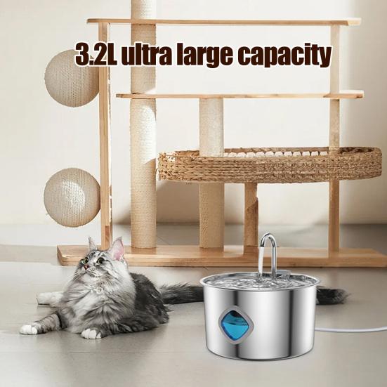 3.2L Pet Water Fountain Stainless Steel Automatic Water Dispenser Cat Water Fountain with Clear Window Quadruple
