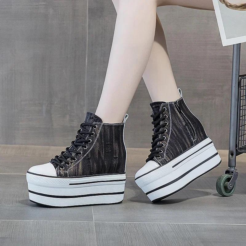 Fashion Autumn Winter 2025 Women's Vintage High-top Canvas Sneakers in Distressed Denim with Thick Platform Wedges and Super High Heels