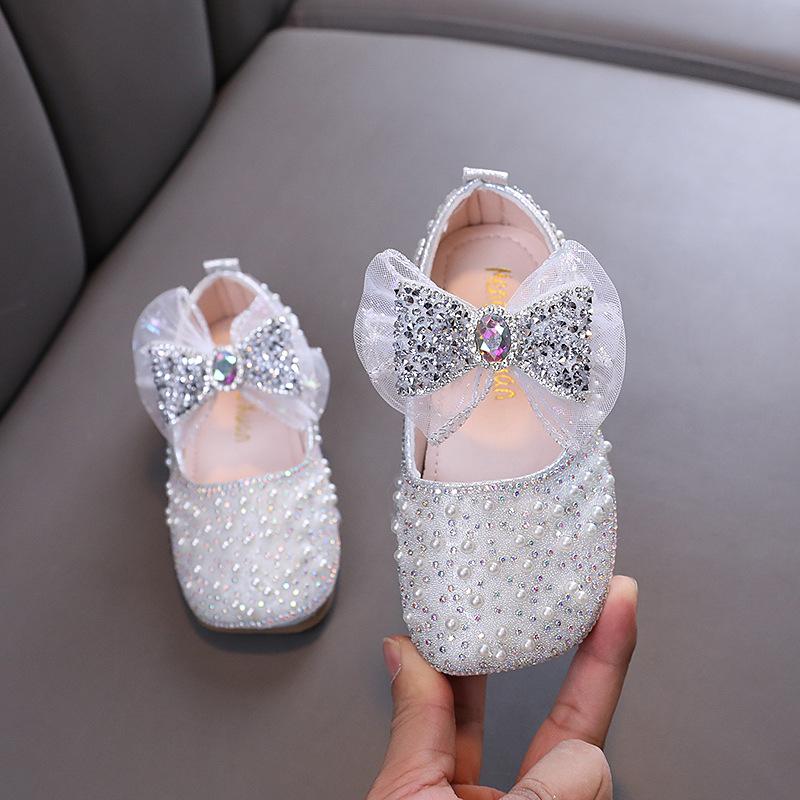 2024 Sweet Children's Leather Shoes Pearl Rhinestone Party Shoes for Baby Girl Non-slip Causal Kids Fashion Princess Flat Shoes