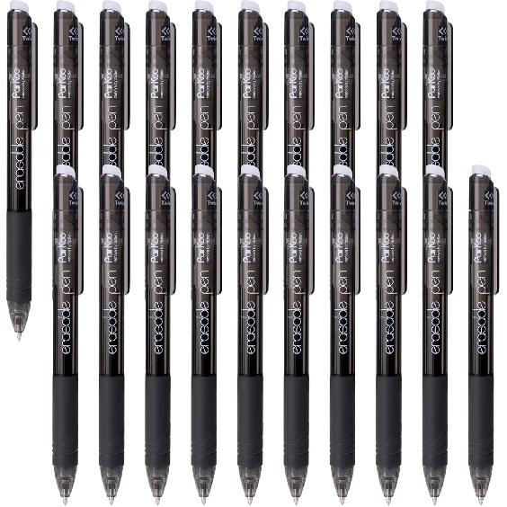 ParKoo Retractable Erasable Gel Pens, 20 Black Twist Pens, Fine Point 0.7 mm, Make Mistakes Disappear, Smooth Writing with Comfortable Grip for