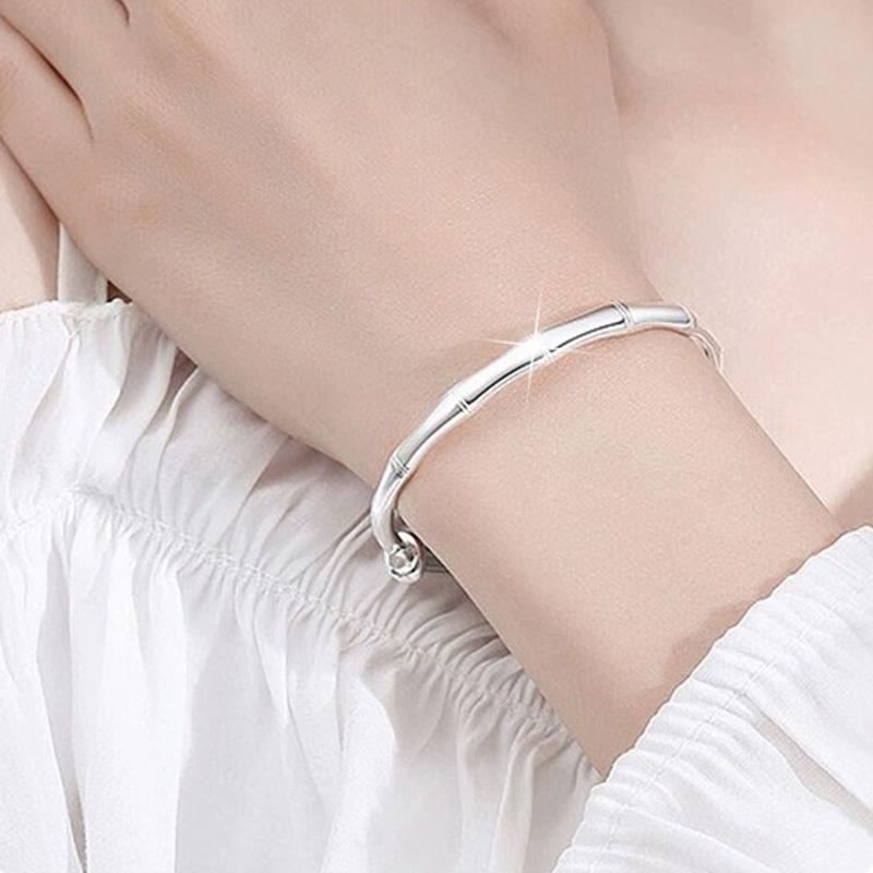 925 Silver Plated Bamboo Style Push-Pull Bangle Bracelet - Gift for Her