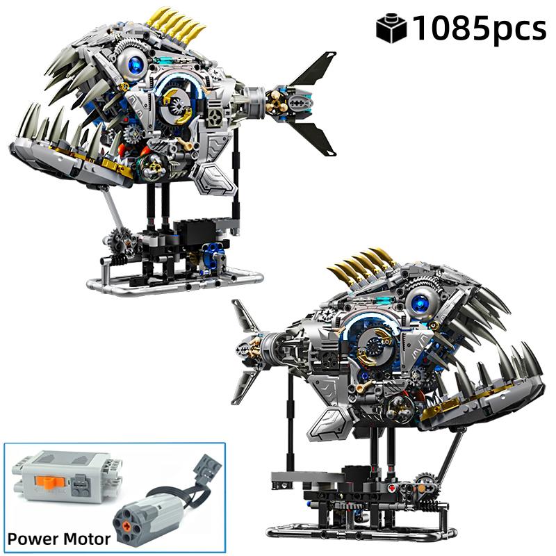Wucifang Bags Boys Mechanical Piranha Fish Building Blocks With Power Motor Stem Educational Toy For Kids Gift 130Pcs