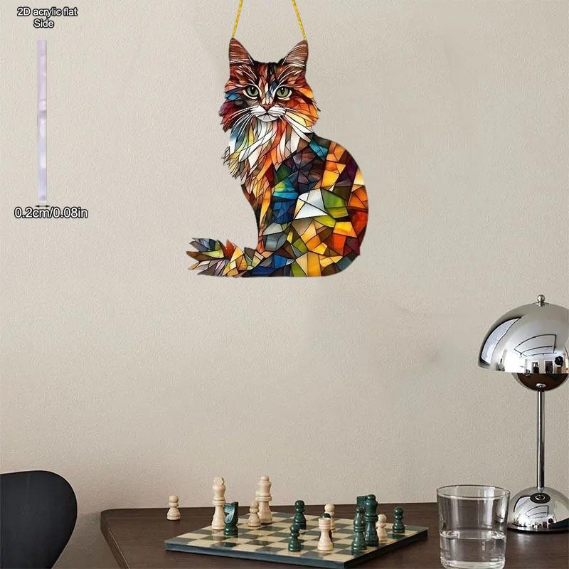 Sun Catcher Longhair Cat Stained Ornament, Acrylic Cute Cat Art Decoration for Garden Home Cafe Wall Window, Nurseries, Vintage Home Decor Wall