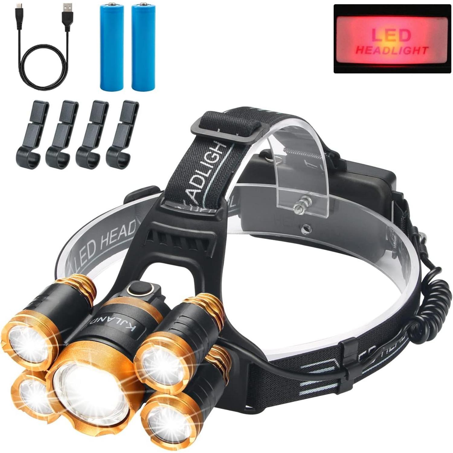 

5 светодиодных налобных фонарей, перезаряжаемый мощный налобный фонарь, 2000 люмен, ультра яркий водонепроницаемый масштабируемый уличный фонарь для кемпинга, головной фонарик, головной фонарь 1×Head lamp