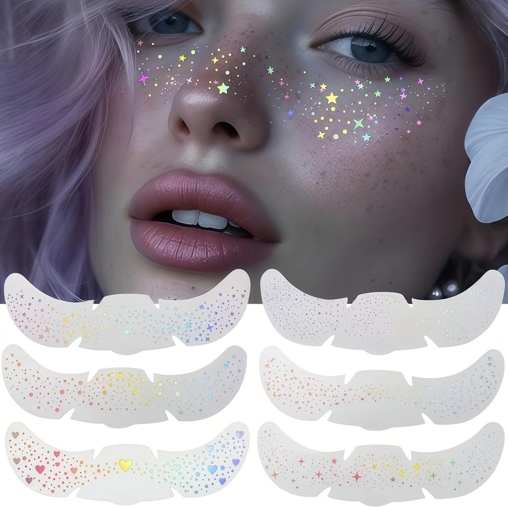 6pcs Glitter Freckle Tattoos - Holographic Heart Face Stickers, Waterproof Temporary Tattoos for Festival & Party Makeup