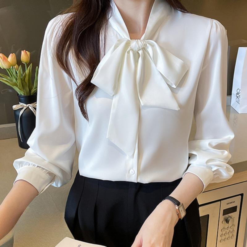 Spring and Summer New Ladies Long Sleeve Chiffon Ribbon Gentle Shirt