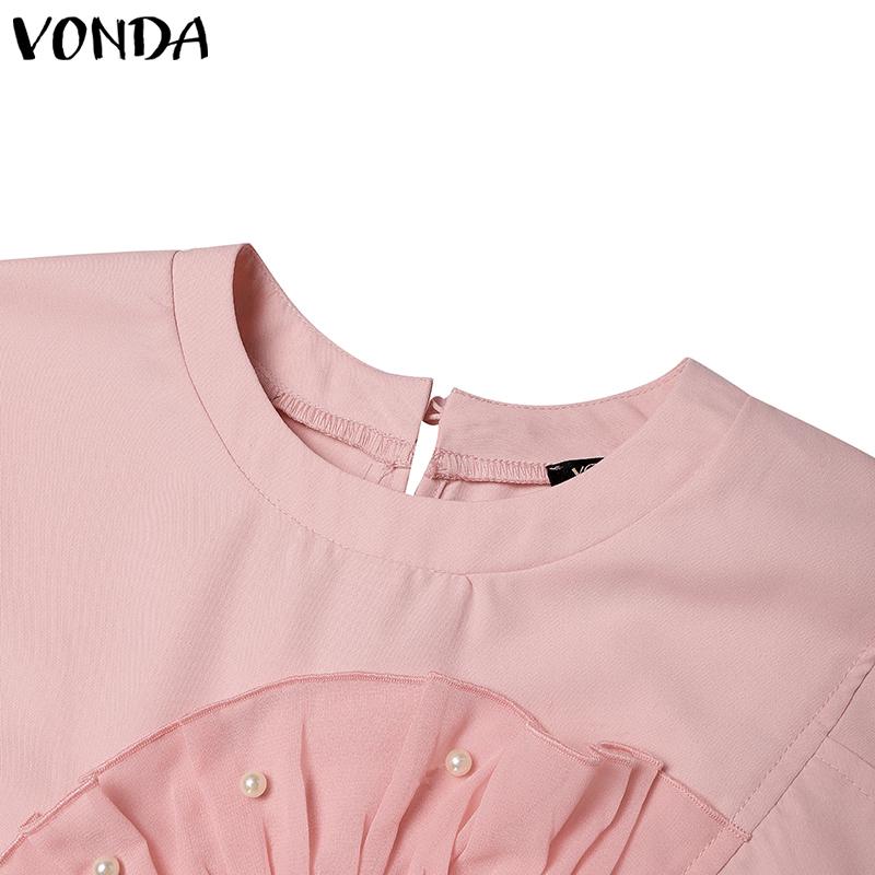 VONDA Women Summer Round Neck Short Sleeve Pearl Decorated Blouses