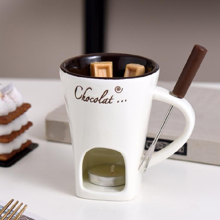Portable Ceramic Fondue Pot Melting Cup Ceramic Fondue Mug With Fork Great For Chocolate And Cheese Melting At Event