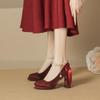 Women's Pearl Suede Mary Janes - Square Toe Chunky High Heels with Bow and Waterproof Platform