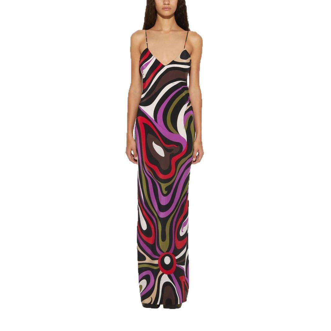 European And American New Summer Printing Satin Suspender Backless Dress Dress Women S