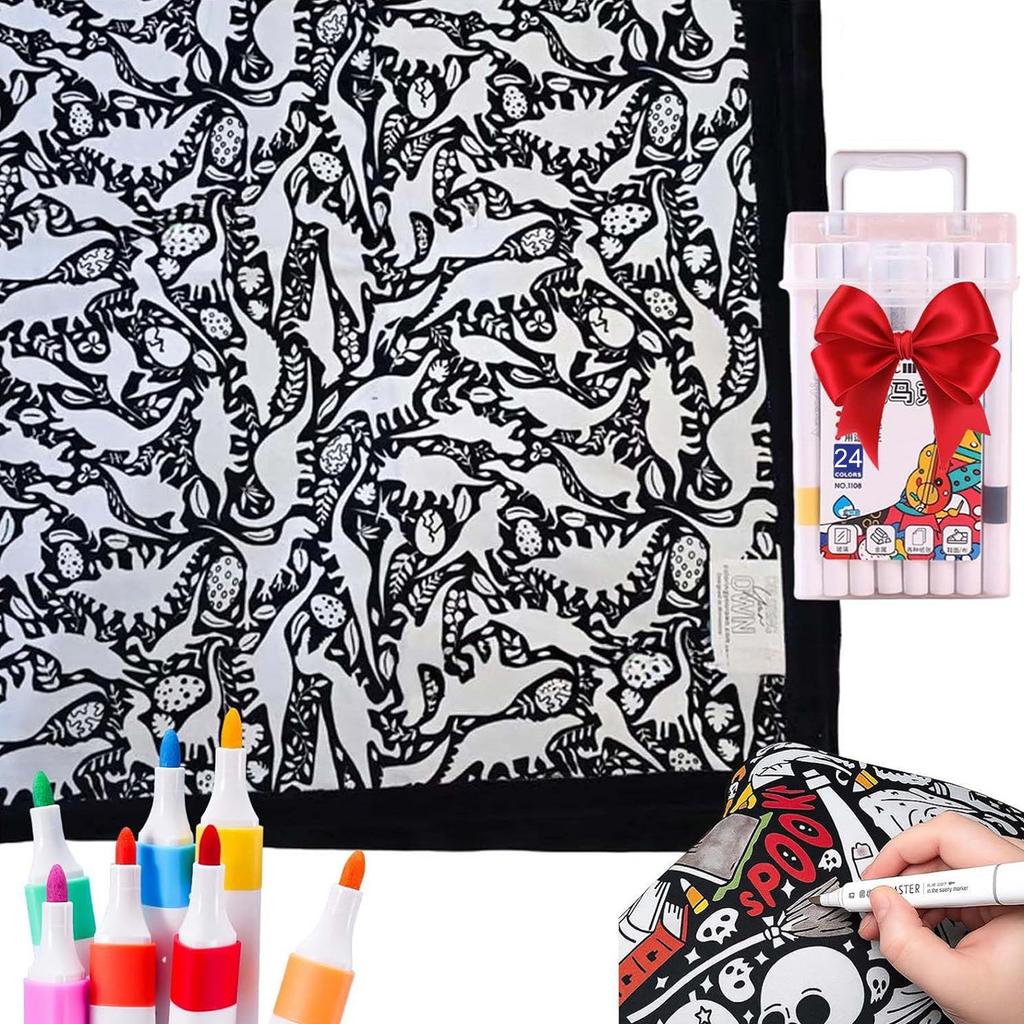24Color Pens DIY Coloring Blanket with Markers Color Your Own Blanket Washable Reusable Soft Cozy Fleece Drawing Mat for Friends