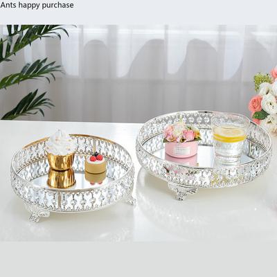 European Mirror Metal Tray Cake Stand Crystal Fruit Plate Cosmetic Jewelry Box Sundries Storage Tray Dessert Table Decoration