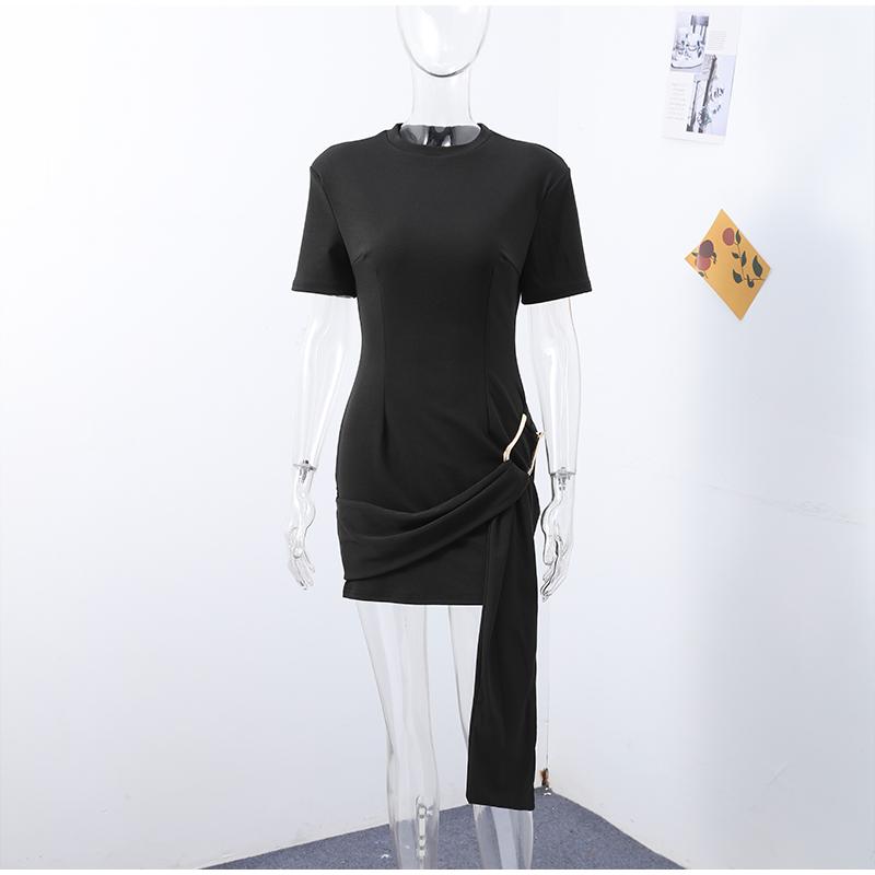 

Элегантное женское платье с металлической пряжкой и лентой, короткие рукава, О-образный вырез, черные женские платья L чёрный