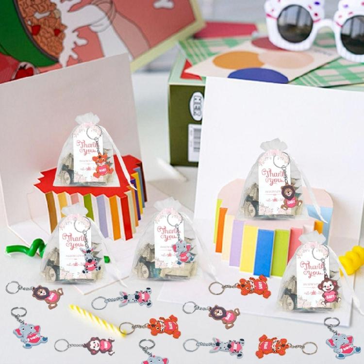 Baby Shower Keychains with Organza Bags Thank You Tages Jungle Animals Keychains Zoos Animal Keychains Keyrings Gifts
