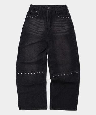 PLACE STUDIO Wide Washed Denim Pants With Cut-Line Rivet Points [Black Denim]