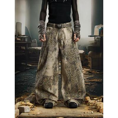 New Distressed Leopard Print Wide-leg Jeans for Men, Casual and Trendy Loose-fitting Trousers