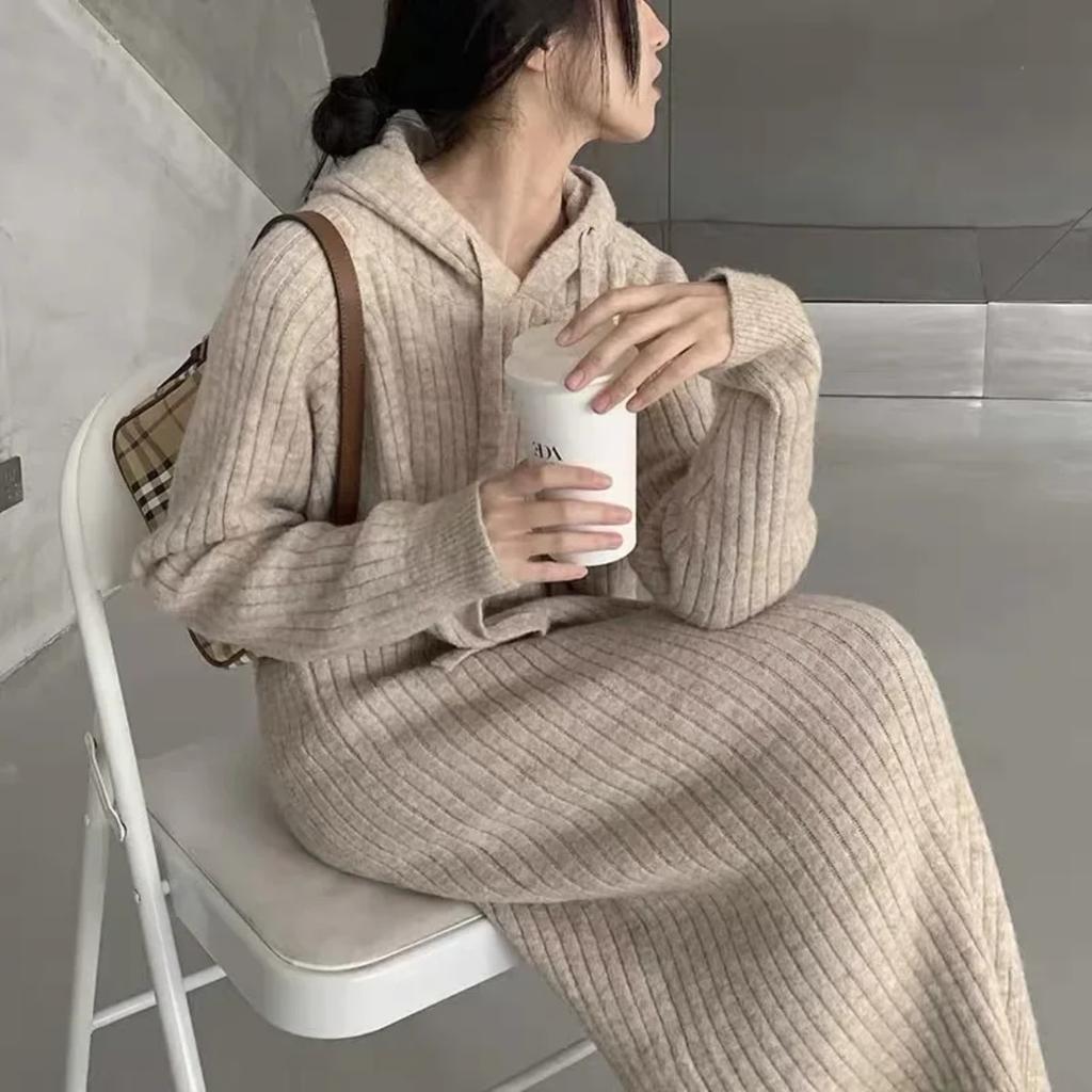 Women Hooded Knit Long Dresses Thick Straight Splice Dress Solid Full Sleeve Casual Loose Vintage Office Lady Autumn Winter