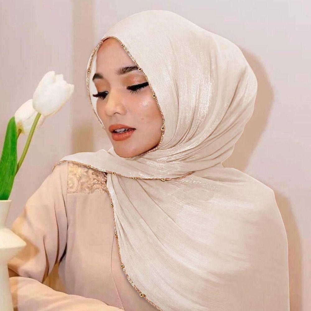 Xale Longo Envolvente com Contas Lenço de Cabeça da Malásia Hijab Elegante Lenço Feminino