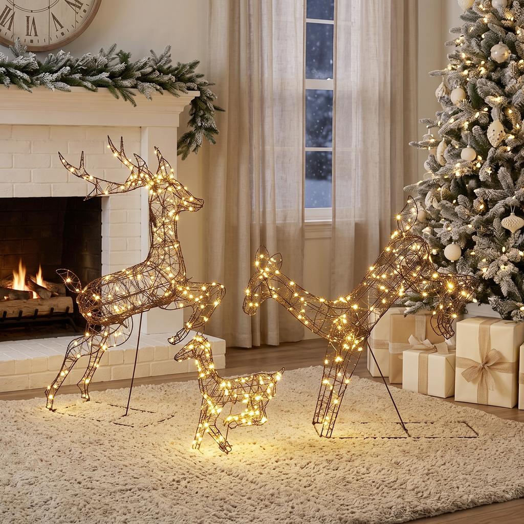 3-Piece Light Up Deer Family Set of 3, Lighted Reindeer Christmas Decorations Outdoor with 200 LED Lights, Brown