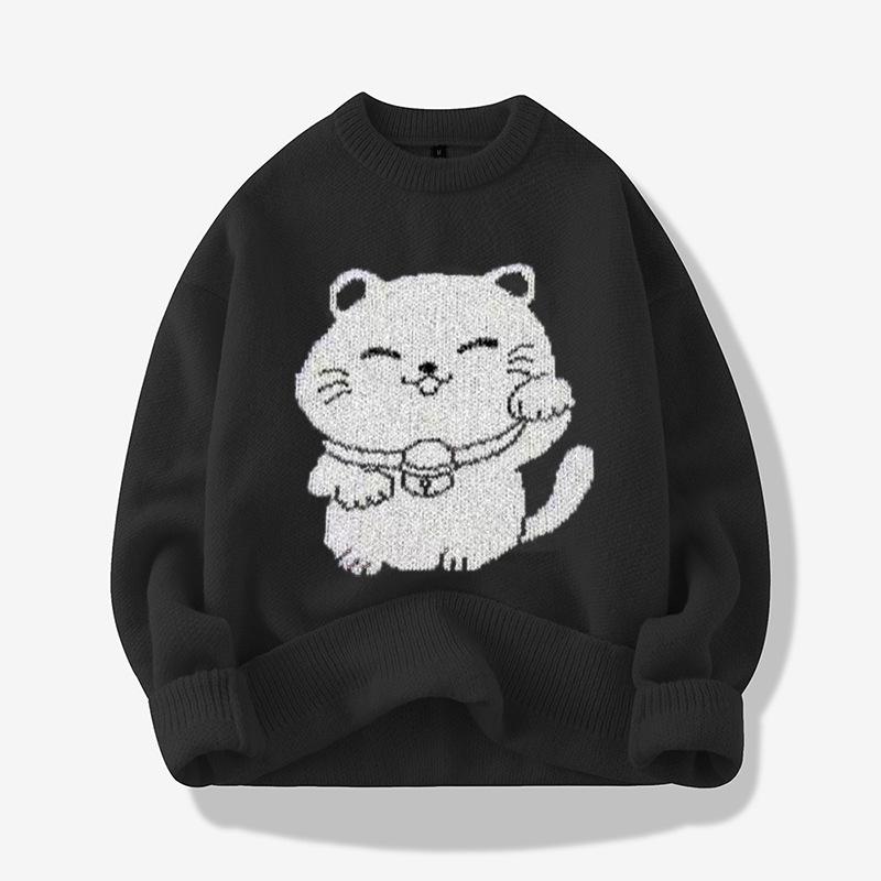 Unisex Jacquard Cat Knit Sweater - Warm Round Neck Base Layer
