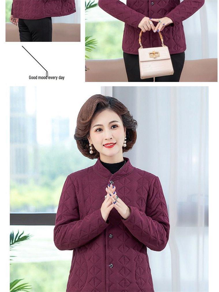 Women's Autumn/Winter Quilted Cotton Jacket for Middle-Aged and Elderly - Stand Collar, Warm, Thickened Design