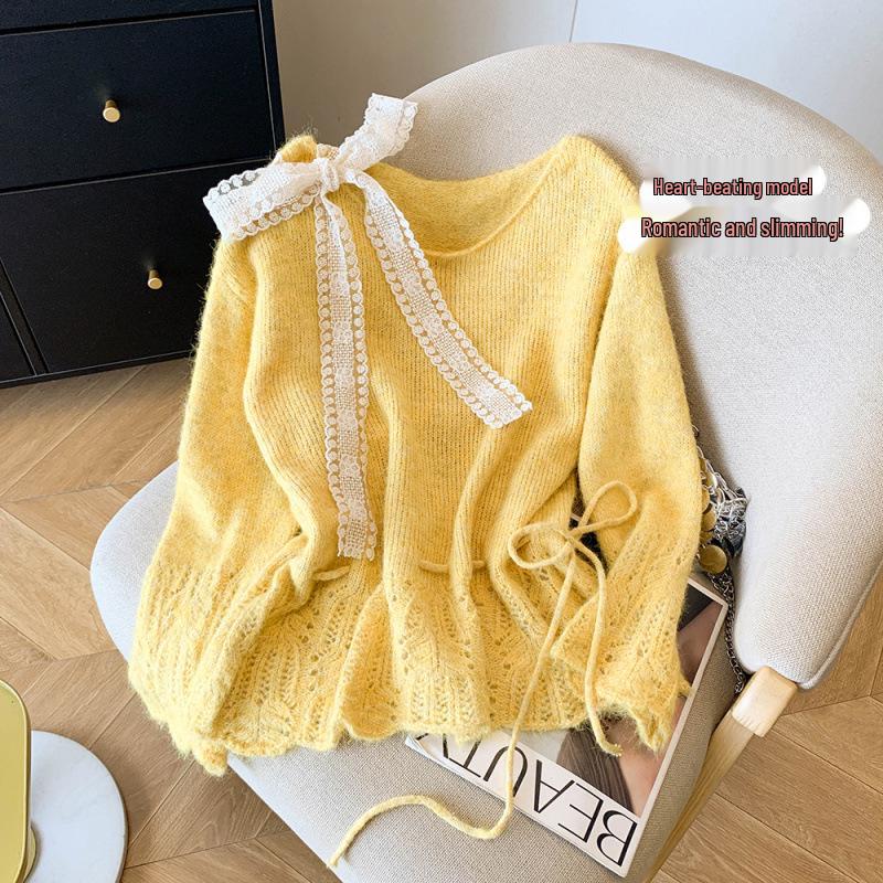 2025 Soft Purple Lace Bow Tie Knit Pullover for Spring & Autumn