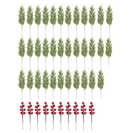 30/45Pcs Artificial Norfolk Pine Branch Christmas Red Berry Picks Faux Greenery Stem DIY Crafts Vase Garland Wreath Holiday Party Home Decoration