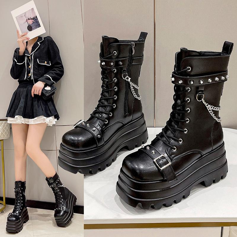 Season Women's Heightening Boots Medium Tube Versatile Shoes British Style Martin Boots Large Size Women's Shoes Round Head Thin Boots