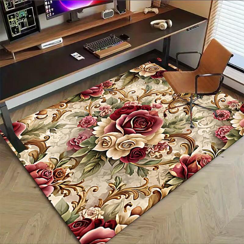 1PC Floral Pattern Roses Non-Slip Floor Carpet Compatible for Office&Living Room&Bedroom&Dining room - Flat-Weave Machine-Washable Rectangular-W234