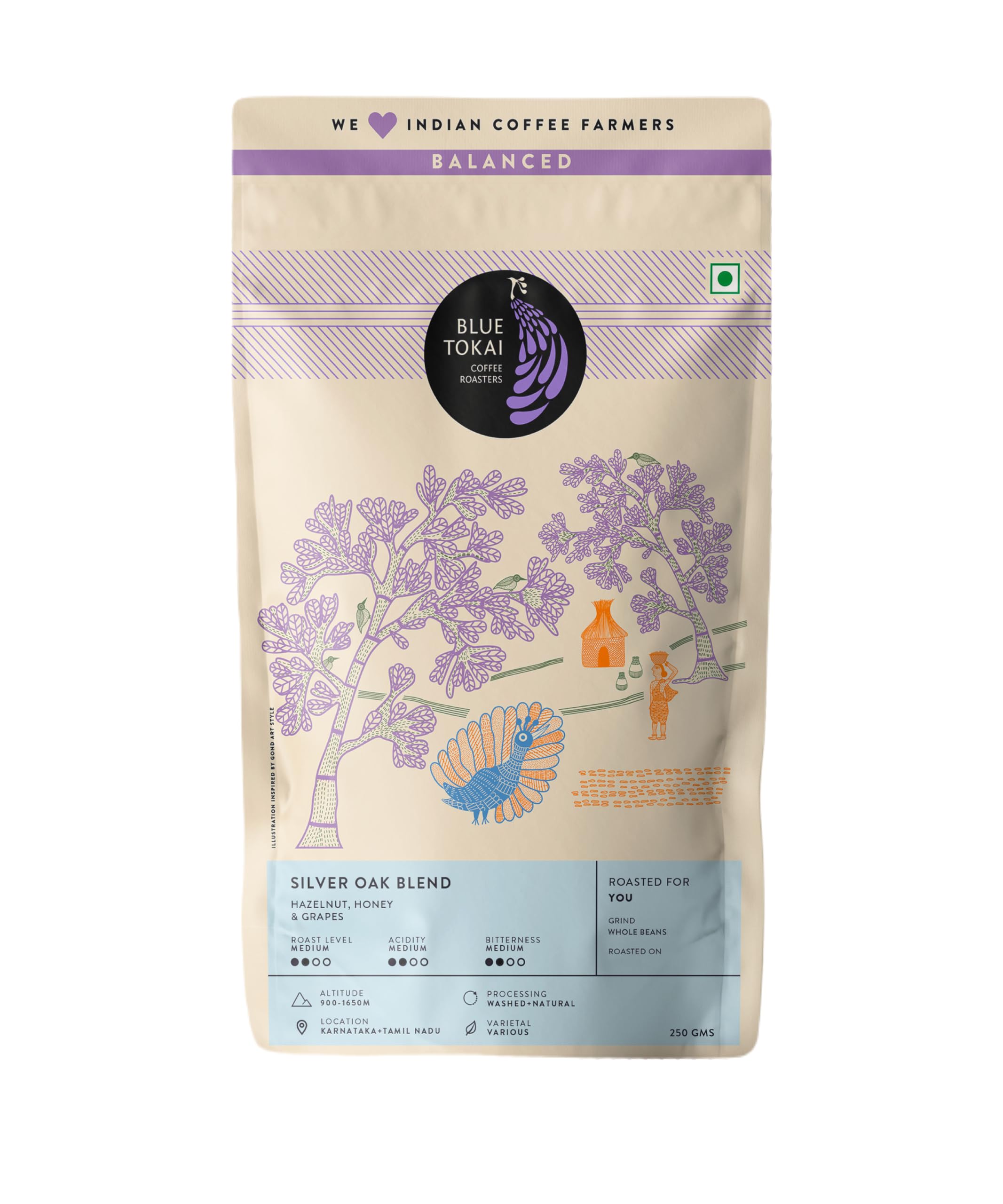 Blue Tokai Coffee Roasters Silver Oak Cafe Blend - Medium Roast | Whole Beans 250 Gram | Rich & Smooth Coffee Blend | 100% Arabica Beans | Specialt