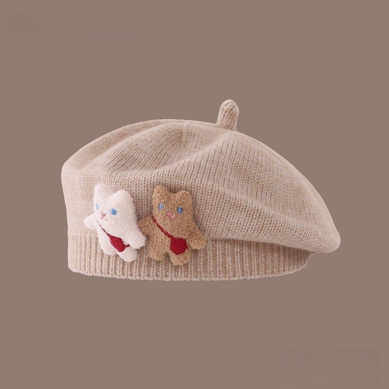 1 szt. Uroczy pasek miś ciepła czapka beanie jednolity kolor dzianinowy beret dla dzieci dziewcząt jesień zima artysta malarz czapki