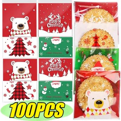 Clear Christmas Treat Bags Self-Sealing Disposable Opp Candy Cookie Pouches with Festive Cartoon Designs for Event Holiday Gift