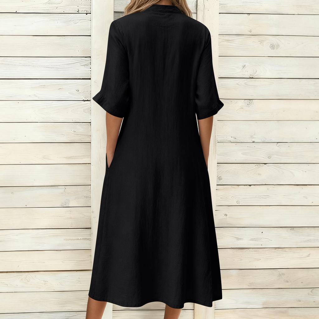 Modna Damska Jednokolorowa Luźna Sukienka z Kołnierzykiem Stojącym i Krótkim Rękawem