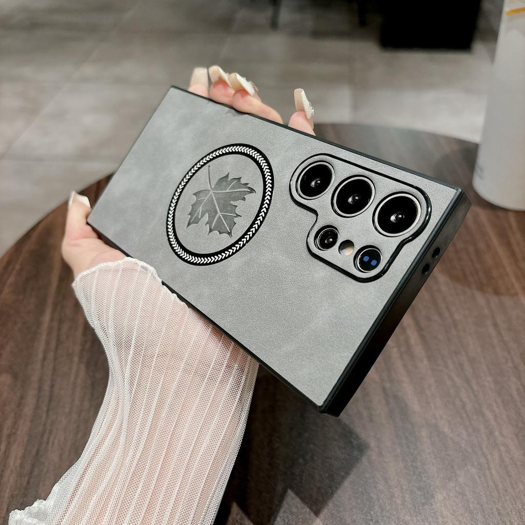 Suitable for Samsung S25 Ultra Mobile Phone Case Magnetic Suction Anti Fall S24 Lambskin Maple Leaf Protective Case A56s23u