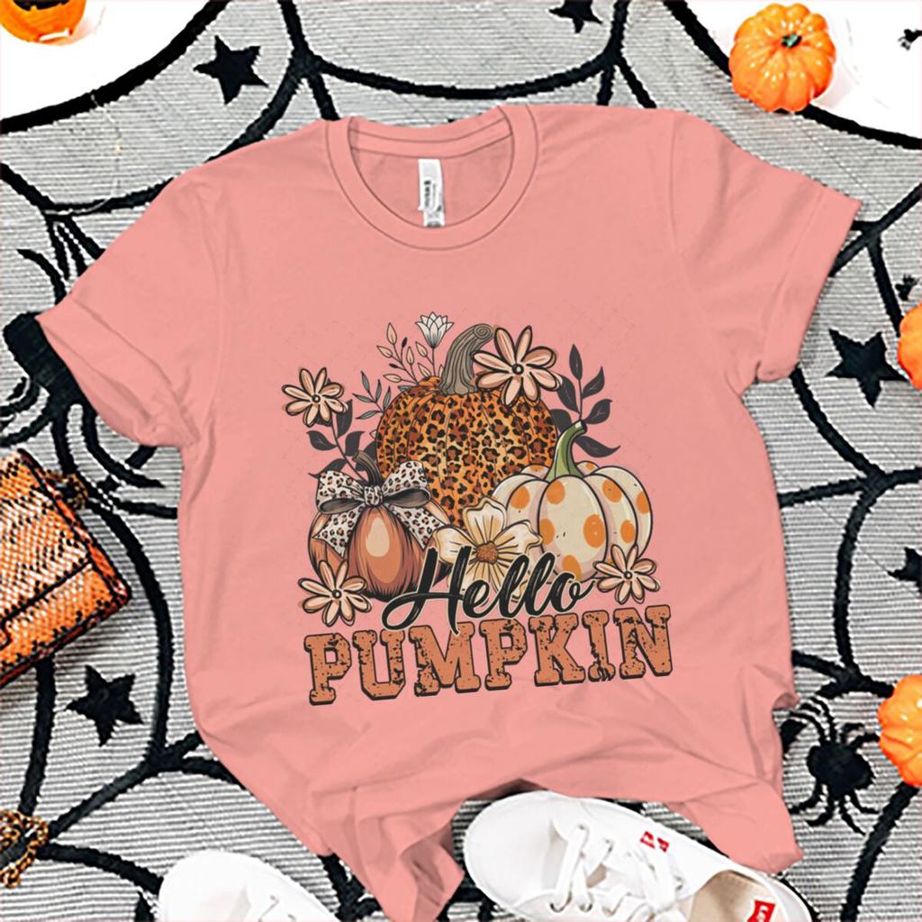 Hello Pumpkin Tshirt FeUnisex Halloween Fall Leopard Pumpkin Coquette Bow Graphic T Shirts Spooky Season Short Sleeve Tee Top