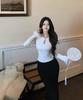 Threaded Plush Women's V-Neck Furry Cuff Long Sleeve T-Shirt - Black & White