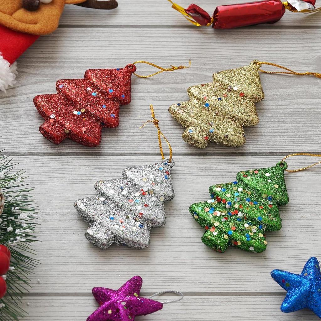 Sparkly Christmas Trees (Set of 4, Red Green Golden Silver) Christmas Tree Decoration Items Hanging Ornaments Props | Xmas Decorations