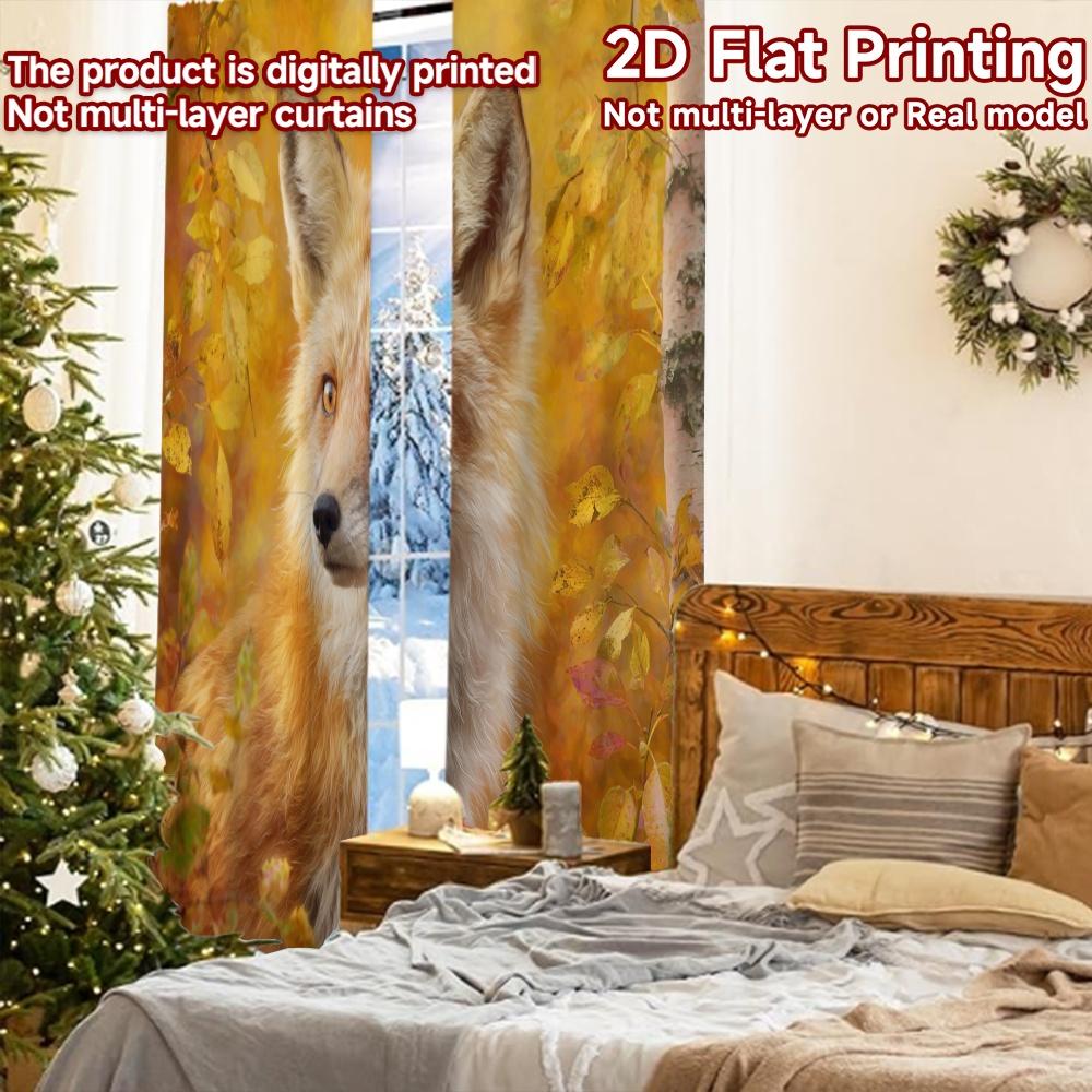 2pcs, 2D FLAT PRINTING Curtains (Without Rod) Autumn Fox(1) Christmas Festival Chic Print Curtains Polyester Curtains Gifts for